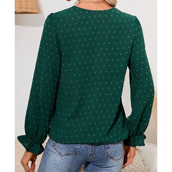 Green Off-White Crochet Lace V-Neck Long Sleeve Bishop Dressy Top Blouse - Picture 5 of 6